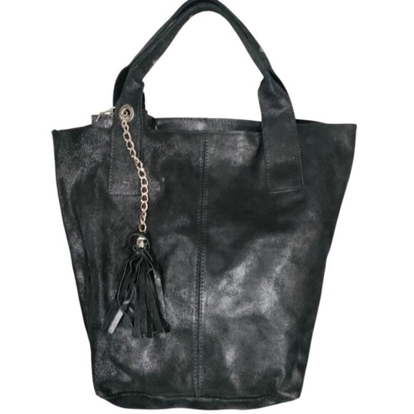 Borse In Pelle Handbags - Borse In Pelle Made In Italy Black Genuine Leather Tote Bag With Tassel & Pouch